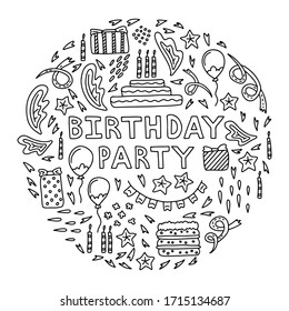 Set of funny elements in doodle style. Holiday card for a birthday. Party illustrations for children and adults. Black drawings on a white background. Vector EPS-10.