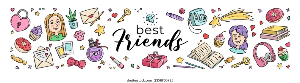 Set of funny elements Friends and Friendship. Girls Design Elements. Vector horizontal Illustration