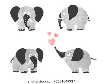 Set of funny elephants. Vector cute watercolor animals illustration