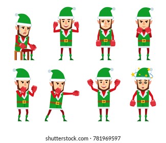 Set of funny elf characters posing with boxing gloves. Christmas elf attacking, dazed, tired, beaten, celebrating victory and showing other actions. Flat style vector illustration