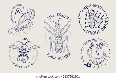 Juego de emblemas graciosos con insectos de historietas y citas. Ciempiés, polilla, mariposa, avispas, mosca, cucaracha. Ilustración de esbozo del vector.