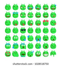 Set of funny emojis of alien faces. Isolated Vector Illustration. Flat style