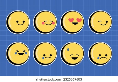 Set of funny emojis with sticker style. Vector Illustration. Happy, love, wink, tear, sob, flushed, cool sweat