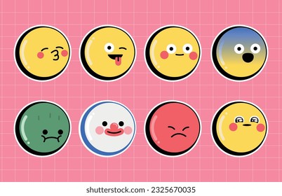 Set of funny emojis with sticker style. Vector Illustration. Kiss, funny, crazy, sickness, clown, angry, shock, cute