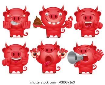 Set of funny emoticon cartoon devils in different emotions. Vector illustration