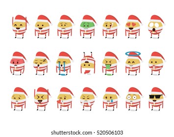 Set of funny emoticon vector isolated on white background. New Year theme. Santa Claus hat vector. Fun emoji.