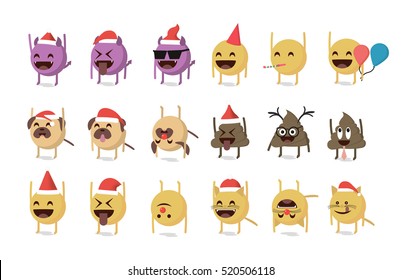 Set of funny emoticon vector isolated on white background. New Year theme. Santa Claus hat vector. Fun emoji.