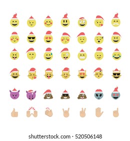 Set of funny emoticon vector isolated on white background. New Year theme. Santa Claus hat vector. Fun emoji.