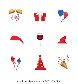 Set of funny emoticon vector isolated on white background. New Year theme. Santa Claus hat vector. Fun emoji. Set of christmas object.
