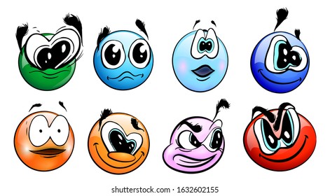 Set of funny emoticons in cartoon style on a white background