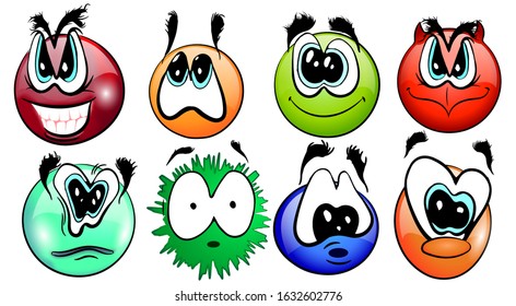 Set of funny and funny emoticons in cartoon style on a white background