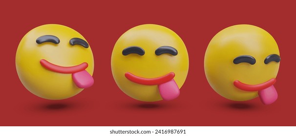 Set of funny emoticons with tongue sticking out. Pleasure, deliciousness. Very yummy. 3D vector model in different positions. Templates for dynamic web design