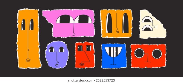 A set of funny emotional facial expressions on pieces of torn paper. Collection of comical grimaces