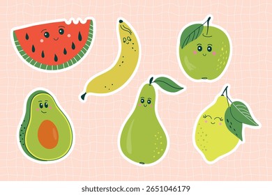 Conjunto de frutas emocionais engraçadas, incluindo abacate, melancia, pera, banana, maçã, limão. Adesivos com personagens bonitos. Ilustrações de vetor de design plano desenhadas à mão.