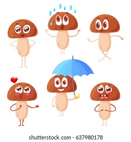 Set of funny emotional mushrooms. Vector illustration isolated on white background. Emoji set