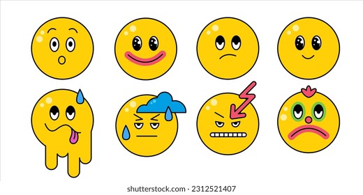 Set of funny emotions, faces, characters, smiles. Design elements for chat, message, social media. Happy, smile, sad, angry emotions. Cute  cartoon faces.