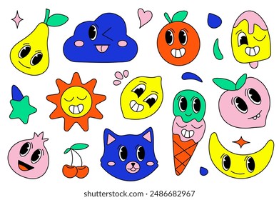 Set of funny emotions in flat cartoon design. Collection of isolated stickers of different objects with funny emotional faces drawn in retro style. Vector illustration.