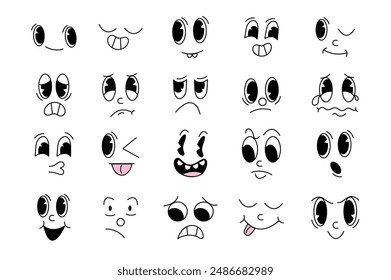 Set of funny emotions in flat cartoon design. Many faces showing different emotions drawn in retro style are featured on this collection. Vector illustration.