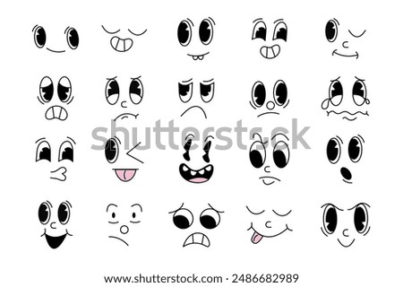 Set of funny emotions in flat cartoon design. Many faces showing different emotions drawn in retro style are featured on this collection. Vector illustration.