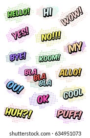 Set of funny exclamations: huh, hello, wow, yes, bye, cool, ok, ou, puff, allo, bla, no