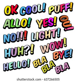 Set of funny exclamations: huh, hello, wow, yes, bye, cool, ok, ou, puff, allo, bla, no