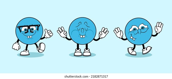 Set lustige Gesicht Cartoon blauer Ball Kopf mit cooler Ausdruck Vektorgrafik