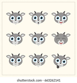 Set funny face goat different emotion in cartoon style.