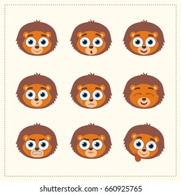 Set funny face lion different emotion. Collection emoticons.