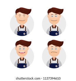 Set funny face male boy barista bartender avatar expression illustration