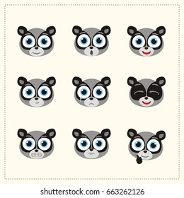 Set funny face raccoon different emotion in cartoon style.