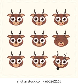 Set funny face reindeer different emotion in cartoon style.