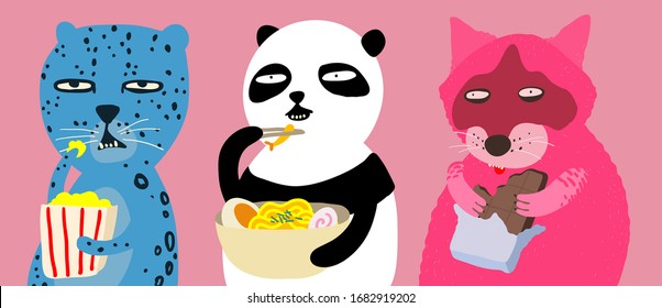 Set von lustigen Gesichtswilden, die Essenscharaktere, abscheulicher Ausdruck, Leopardenpanda und Raccoon essen Popcornmännchen und Schokolade, handgezeichnet mit flachem Dodle