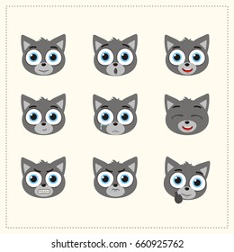 Set funny face wolf different emotion. Collection emoticons.