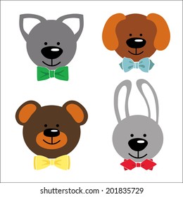 A set of Funny faces animals with bow tie.Dog,bunny,kitty,Teddy cartoon collection.Baby vector