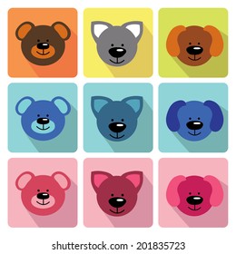 A set of Funny faces animals  in flat icons.Dog,kitty,Teddy cartoon collection.Baby vector