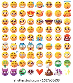 Set of funny faces with big eyes. Sad, crying, funny, suspicious, angry, smiling faces. Flat design 72 expressions of emotions Kawaii Emoji. Icons with a beautiful gradient. svg