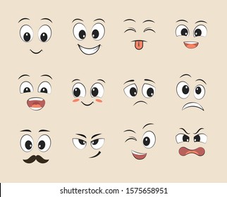 Set of funny faces. Cartoon faces with different expressions, featuring the eyes and mouth, design elements. Vector illustrations