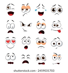 Set of funny faces in cartoon style. Vector illustration of faces with different emotions:winking, sneaky,crying, sad,surprised, funny,in love,thoughtful,hungry, sleeping isolated on white background.