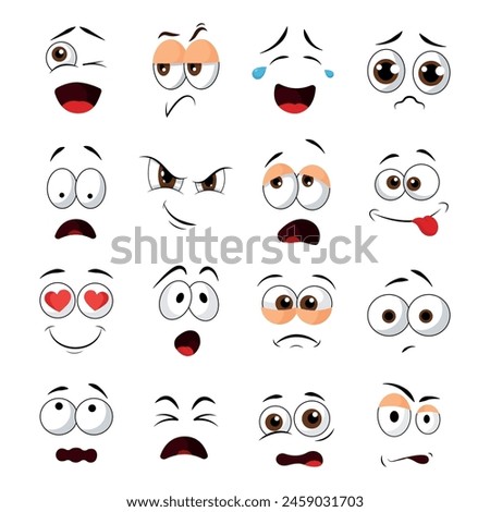 Set of funny faces in cartoon style. Vector illustration of faces with different emotions:winking, sneaky,crying, sad,surprised, funny,in love,thoughtful,hungry, sleeping isolated on white background.