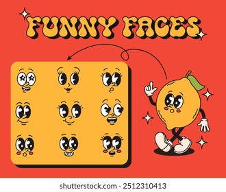 Conjunto de caras divertidas de personajes groovy. Ilustración vectorial plana.