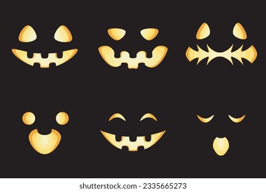 A set of funny faces for halloween. A glowing set of pumpkins on a dark background.
