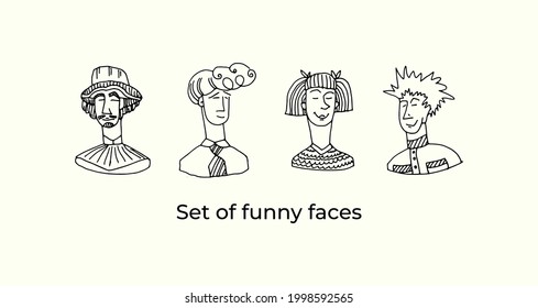 Eine Reihe lustiger Gesichter. Handgezeichnete monochrome Kontur doodle Vektorgrafik.