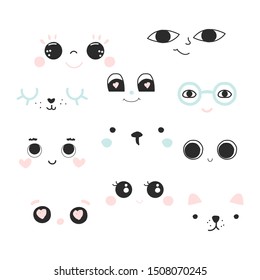 Set of funny faces. Kids graphic. Vector hand drawn illustration.