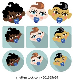 Eine Reihe von lustigen Gesichtern von neu geborenen Mädchen.asiatische, europäische, multiethnische Babys.Cute Cartoon-Kollektion mit Symbolen.Baby-Vektorgrafik