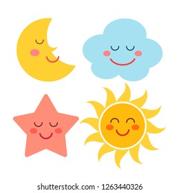 Set of funny faces Sun, star, cloud, month. flat vector illustration isolated on white background