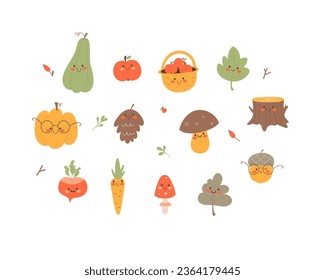 Set of funny fall characters - pumpkins, leaves, acorn, apple, pine cone, mushroom, fly agaric. Vector illustration isolated on a white background.