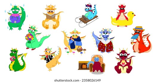 Set of Funny fantasy characters dragon. Isolated on white background. Vector cartoon colorful icons.	