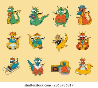 Set of Funny fantasy characters dragon. Isolated on  background. Vector cartoon colorful icons.
