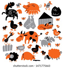 Set of funny farm animals in cartoon style. Vector illustration.