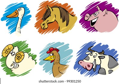 Set of funny farm animals cartoon illustrations